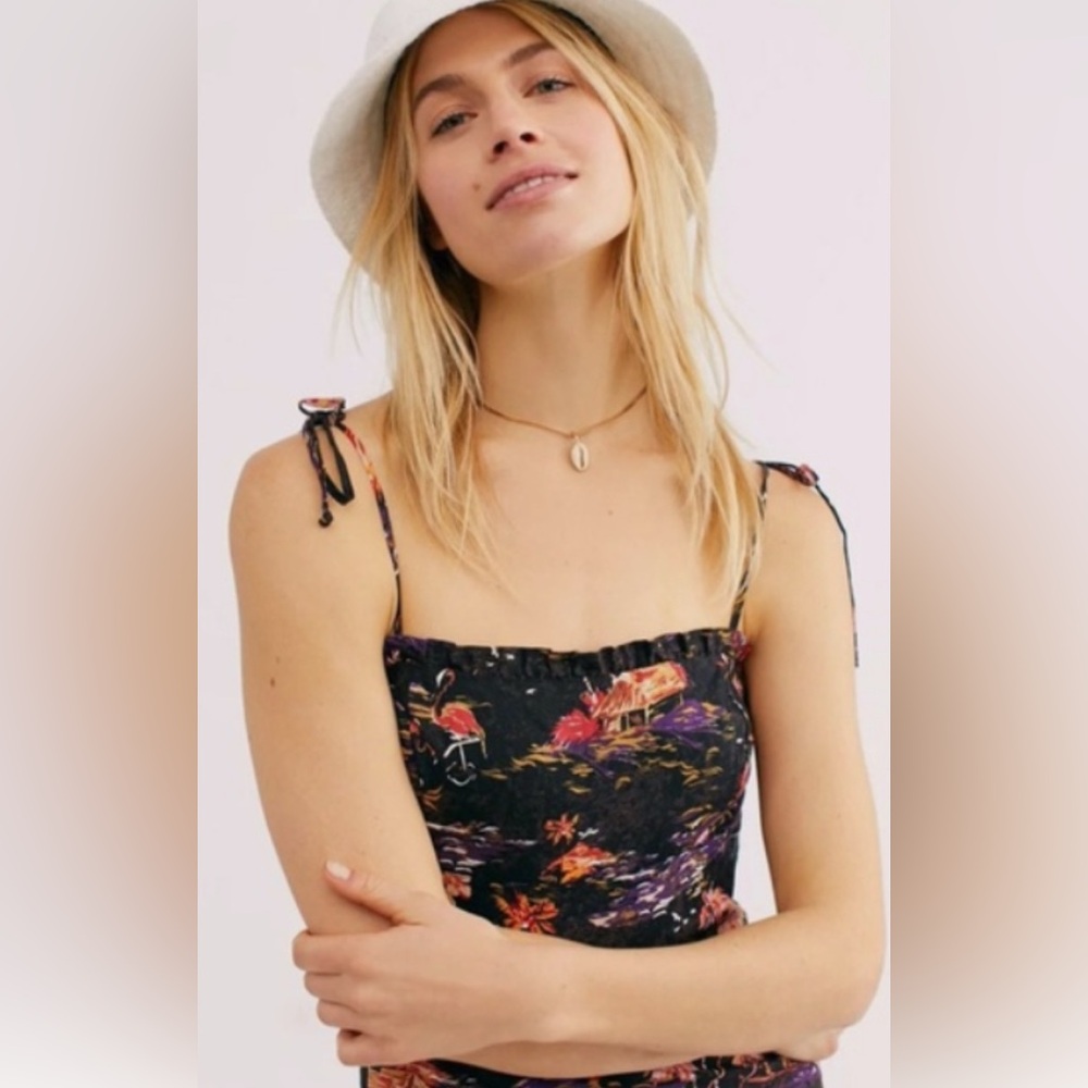 Free People Black Flamingo Paradise linen blend midi dress NWT size 12 - Picture 2 of 15
